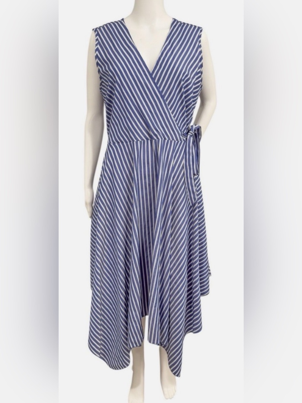 Mlle Gabrielle Sleeveless Faux Wrap Dress 3X Blue White Striped Handkerchief Hem